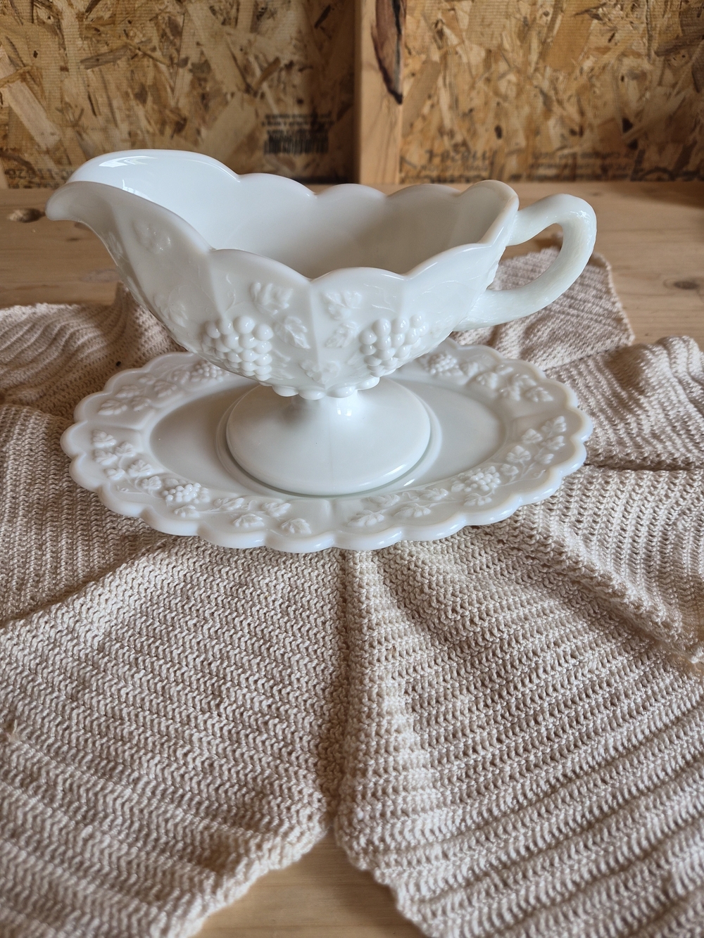Westmoreland Paneled Grape Milk Glass Gravy Boat with Oval Saucer 6”x 9”